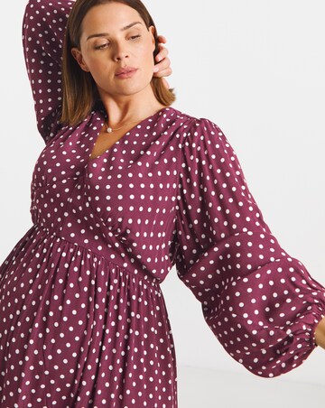 Burgundy Spot Printed Waist Detail Midi Dress