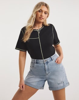 Black Contrast Seam Ribbed Top