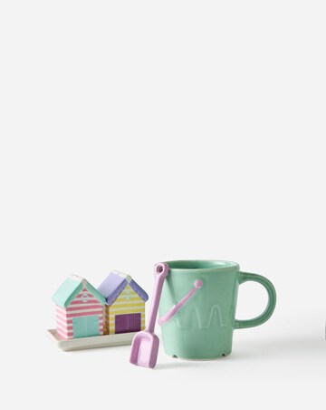 Pastel Bucket Mug with Spade Spoon and Beach Hut Salt & Pepper Shakers bundle