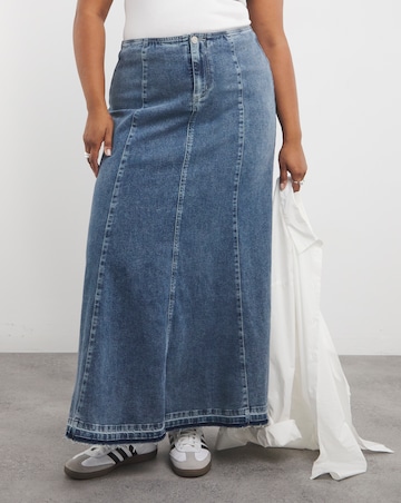 Mid Wash Fit and Flare Denim Maxi Skirt