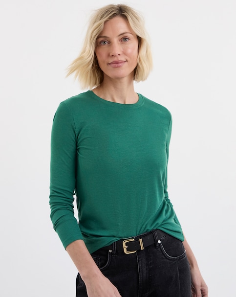 Green Ribbed Crew Neck Long Sleeve Top