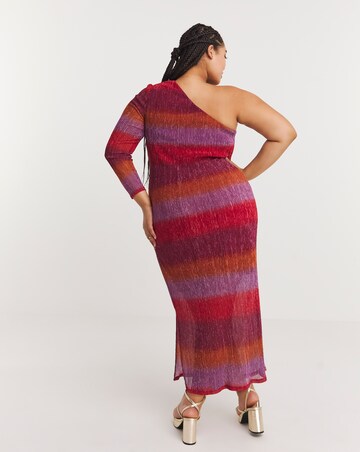 Multi Ombre Stripe Pleated Glitter Mesh One Shoulder Maxi Column Dress