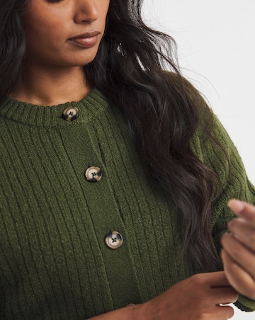 Cosy Yarn Khaki Crew Neck Ribbed Cardigan