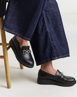Heavenly Soles Paphos Low Wedge Loafers With Chain Trim - Wide Fit (E)