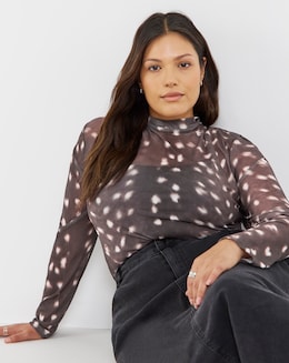 Brown Deer Print High Neck Mesh Top