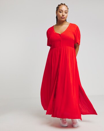 Red Crinkle Button Through Maxi Dress with Pockets