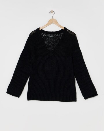 Black V Neck Mixed Knit Volume Sleeve Jumper