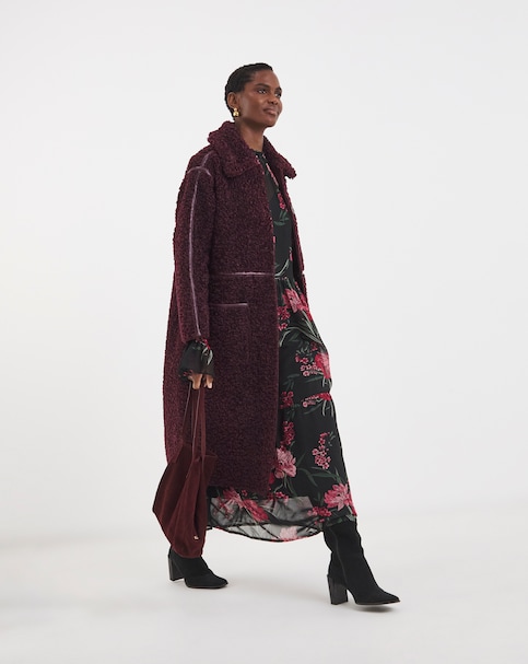 Wine Maxi Teddy Faux Fur Coat