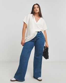 Simply Be Ivory Short Sleeve V Neck Boxy Blouse