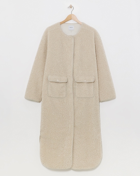 Neutral Collarless Teddy Maxi Coat