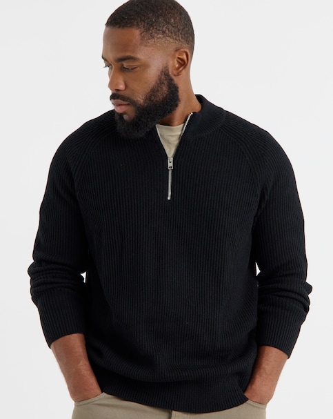 JACK & JONES Panel Knit Half Zip Jumper - Black