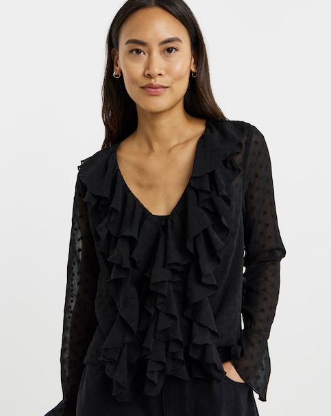 Dobby Ruffle Front Blouse