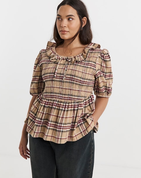 Native Youth Brushed Check Shirred Top with Frill and Peplum