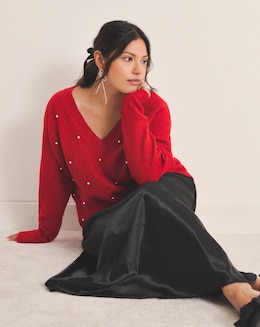 Red V-Neck Pearl Cable Knit Tunic