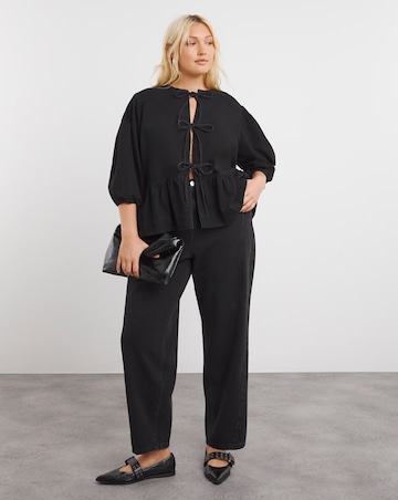 Black Tie Front Denim Peplum Blouse