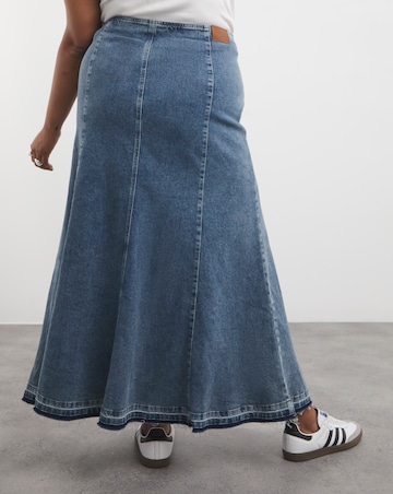 Mid Wash Fit and Flare Denim Maxi Skirt