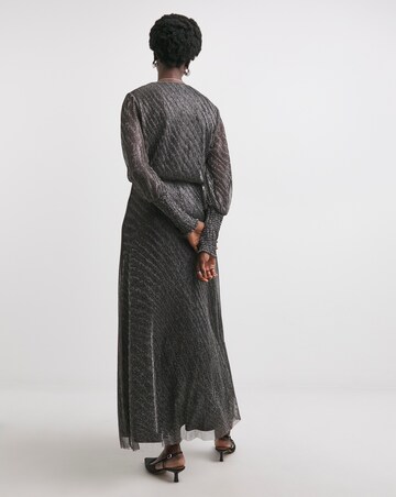 Metallic Pleated Mesh Long Sleeve Dress