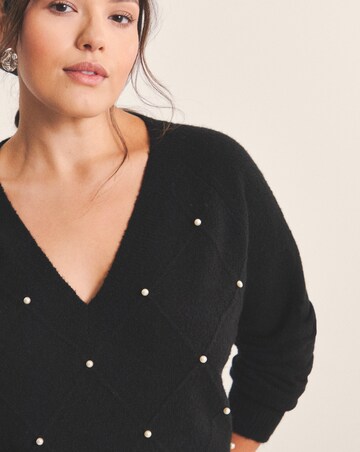 Simply Be Black V-Neck Pearl Cable Knit Jumper