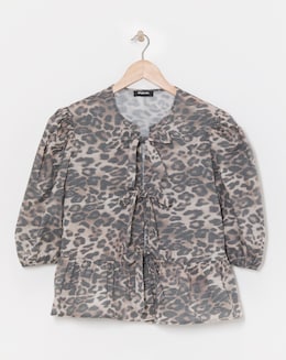 Leopard Tie Front Puff Sleeve Smock Top