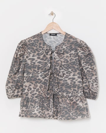 Leopard Tie Front Puff Sleeve Smock Top
