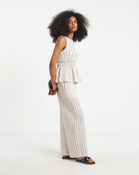 Ivory Stripe Textured Waffle Wide Leg Trouser