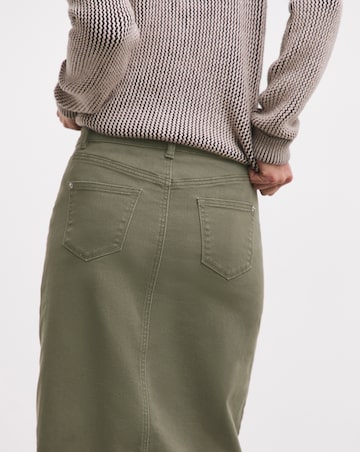 Khaki Midi Button Front Denim Skirt