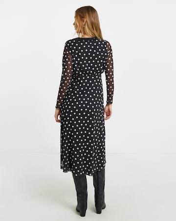 Mono Spot Print Mesh Lace Trim Midi Dress