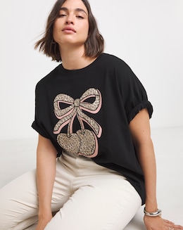 Simply Be Black Leopard Cherries T-Shirt