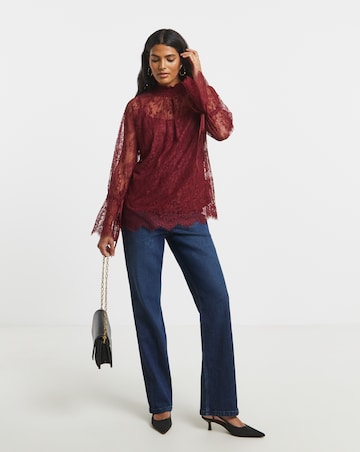 Burgundy Eyelash Lace Top With Sleeve Detail