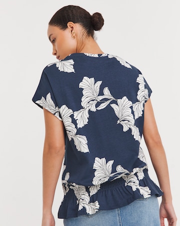 Navy Floral Value Cotton Short Sleeve Drawcord Bubble Hem Top