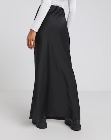 Black Satin Maxi Skirt with Asymmetric Seam