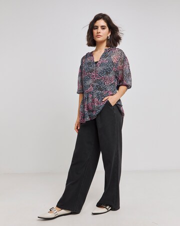 Black Floral V Neck Chiffon Peplum Blouse with Frills