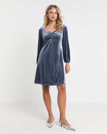 Blue Ruched Front Velour Tea Dress