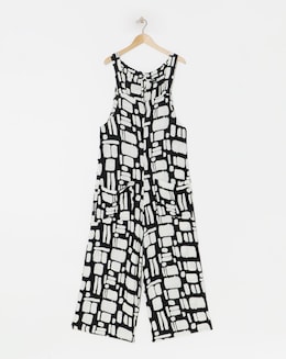 Simply Be Mono Print Crinkle Wide Leg Jumpsuit With Pockets