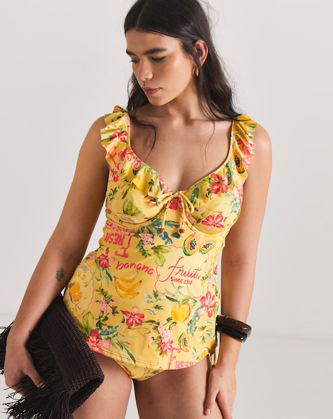 Figleaves Fruit Print Frill Underwired Tummy Control Tankini Top