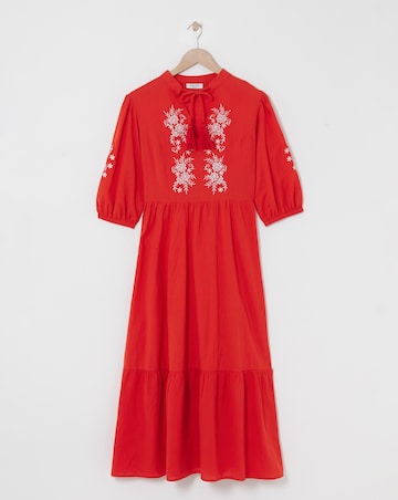 Linen Mix Embroidered Midi Dress With Tassel Neck Tie