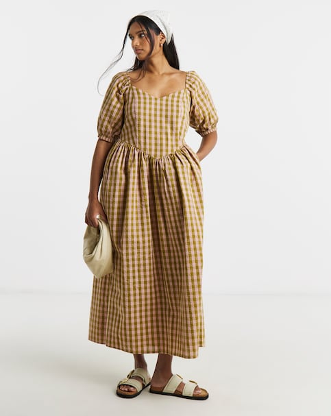Cotton Gingham Seersucker Midi Dress