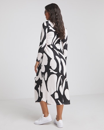 Mono Print Scuba Crepe Ruched Midi Dress