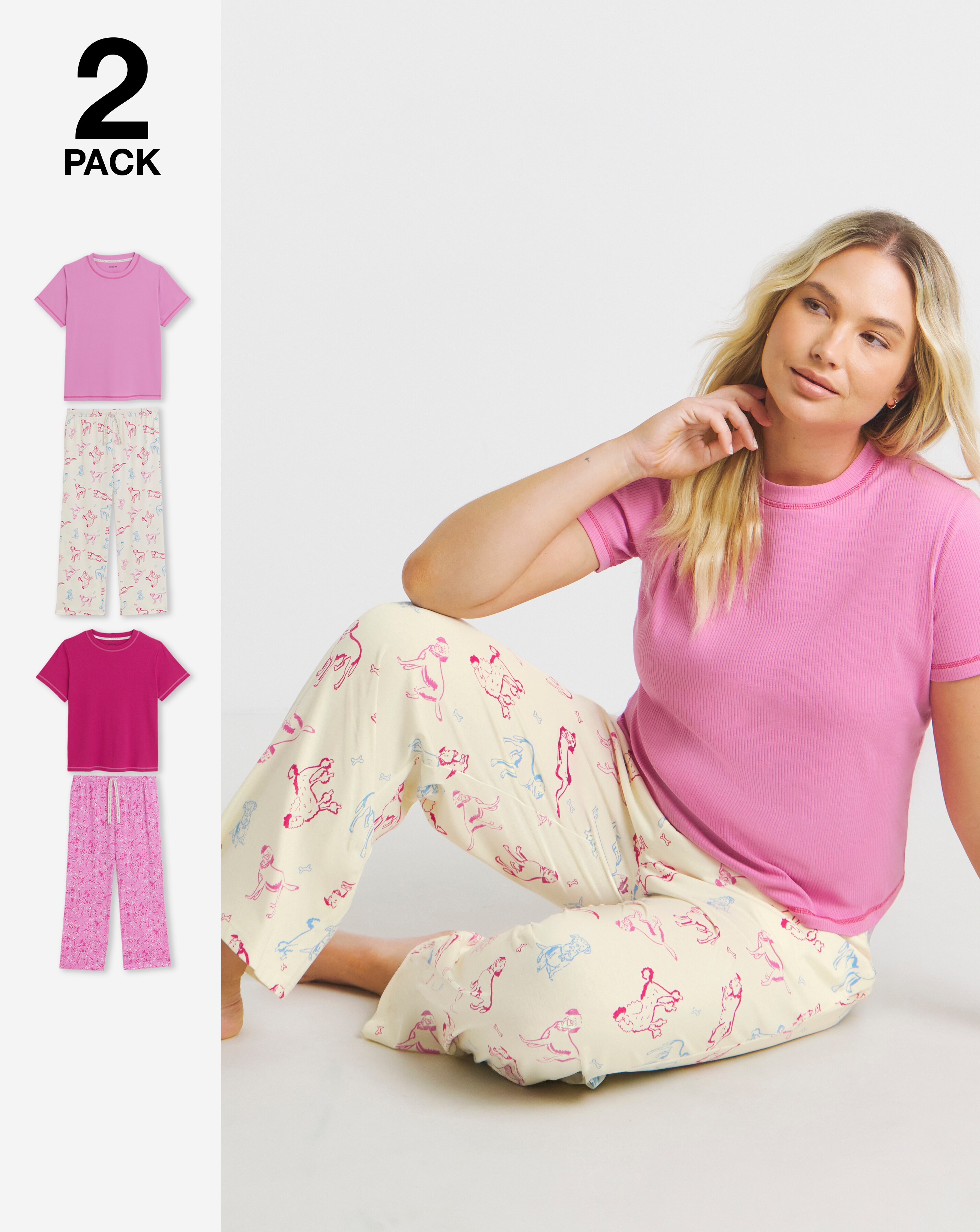 Simply Be (2 Pack) Dog Print Ribbed T-Shirt Pyjama Sets