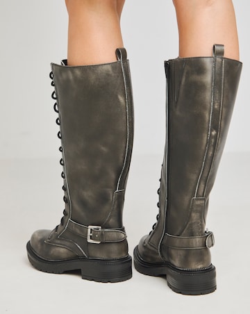 Davina Leather Knee High Lace Up Utility Boots - Extra Wide Fit (EEE) Curvy Calf