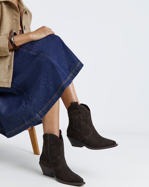 Angelique Embroidered Leather Ankle Western Boots - Wide Fit (E)
