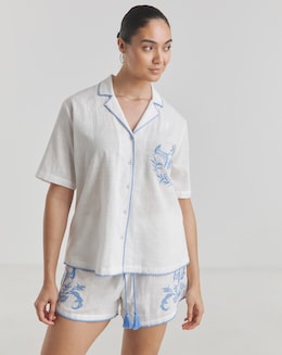Figleaves Embroidered Cotton Pyjama Shortie Set