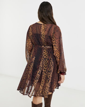Leopard Skater Dress With Godet And Waist Tie Detail
