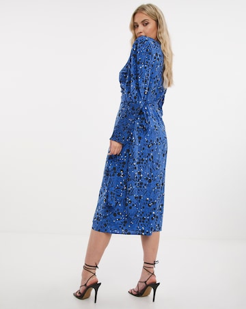 Cobalt Print Wrap Midi Dress with Shirred Cuff