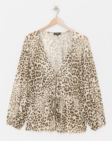 Leopard Print Mesh Tie Front Blouse
