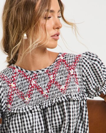 Neon Rose Gingham Smock Mini Dress with Red Contrast Smocking Stitch Detail