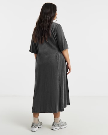Grey Acid Wash Midi Dress With Waist Detail