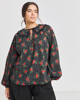 Simply Be Ditsy Floral Print Blouse with Lace Trim Collar