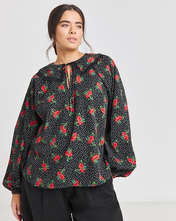 Simply Be Ditsy Floral Print Blouse with Lace Trim Collar