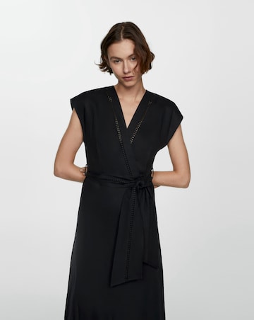 Mango Pure Linen Bow Tie V Neck Midi Dress
